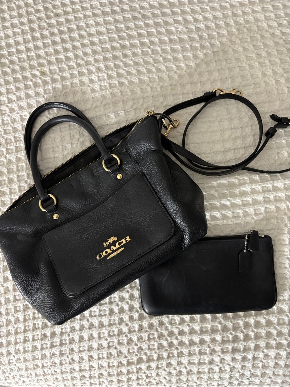 Coach Black Leather Satchel with Gold-Tone Logo and Removable Wristlet